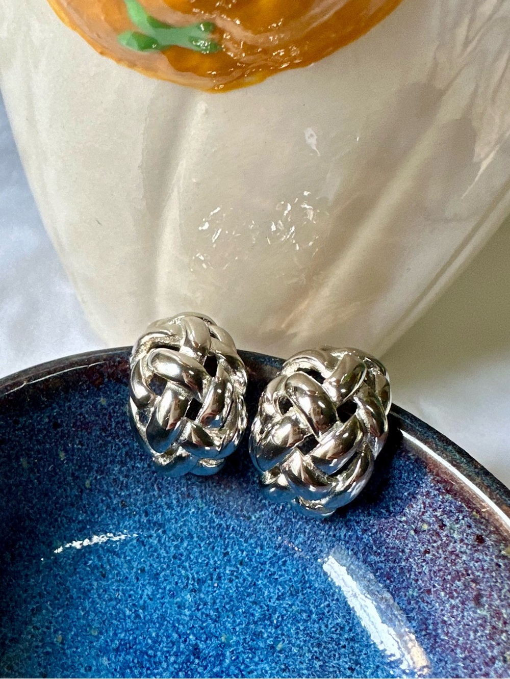Vintage Kenneth Jay Lane KJL Silver Basketweave Domed Clip-On Earrings